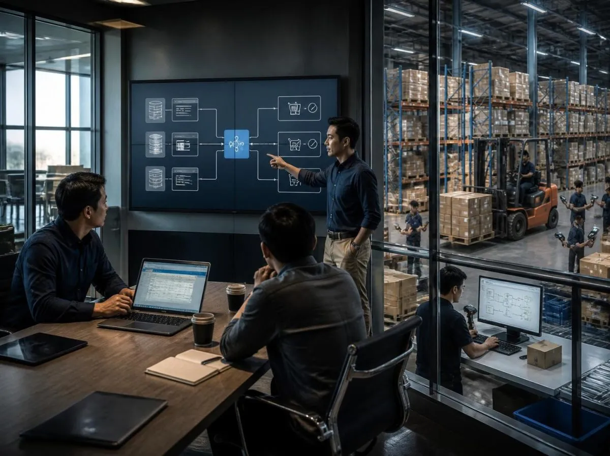 A consultant explains a system landscape on a wall display to the client team, with the working warehouse visible behind the glass