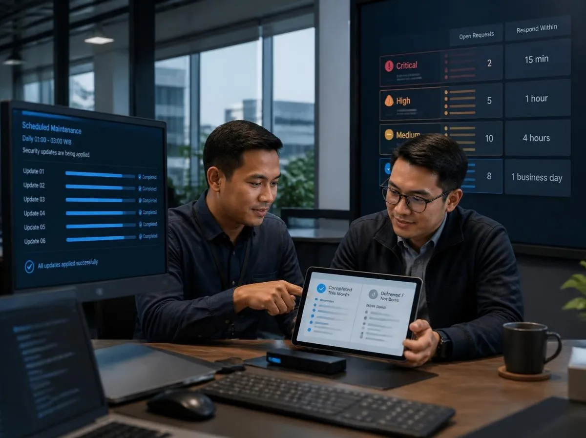 A support engineer and the client system owner review a monthly report on a tablet, with scheduled security updates on a monitor and a board of requests by severity