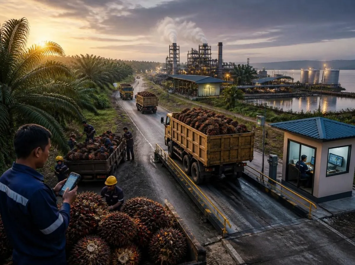 One palm oil chain: a harvest crew in the estate, a loaded fruit truck on the weighbridge, then the mill and storage tanks in the distance