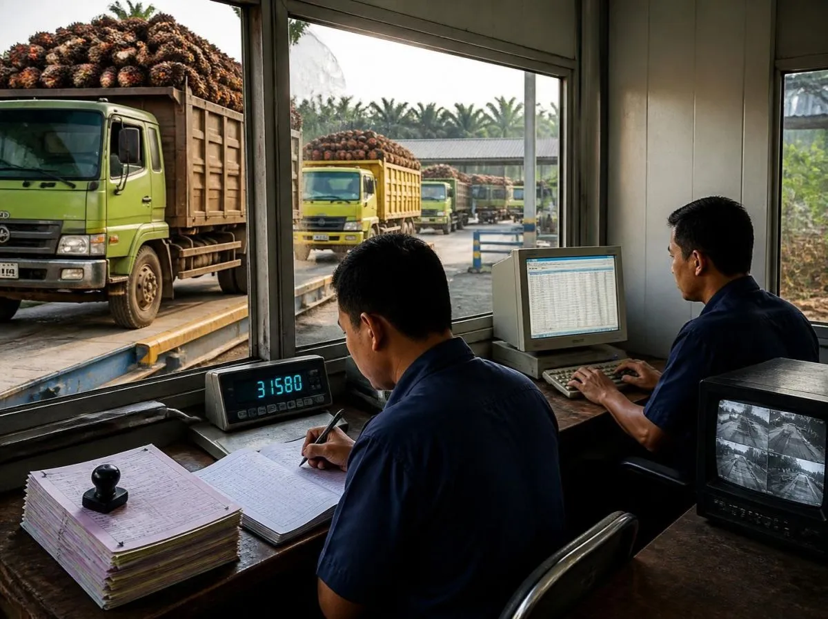 A palm oil mill weighbridge office: an operator copies the indicator reading into a paper logbook, a colleague re-types tickets into a computer, and trucks of fruit bunches queue outside the window