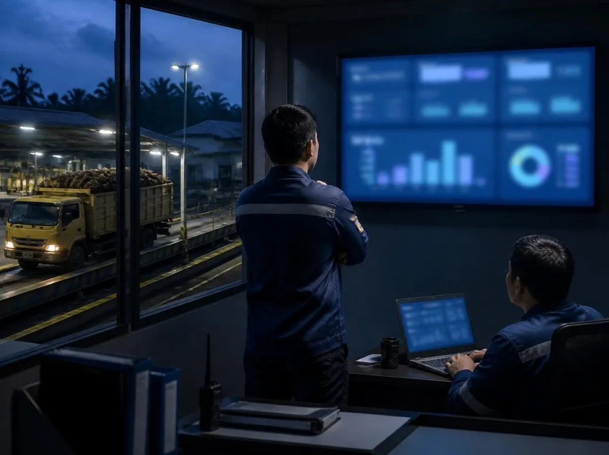 A monitoring room above the weighbridge in the evening: a supervisor watches a wall screen of charts, a colleague works on a laptop, and a truck of fruit bunches is visible through the window