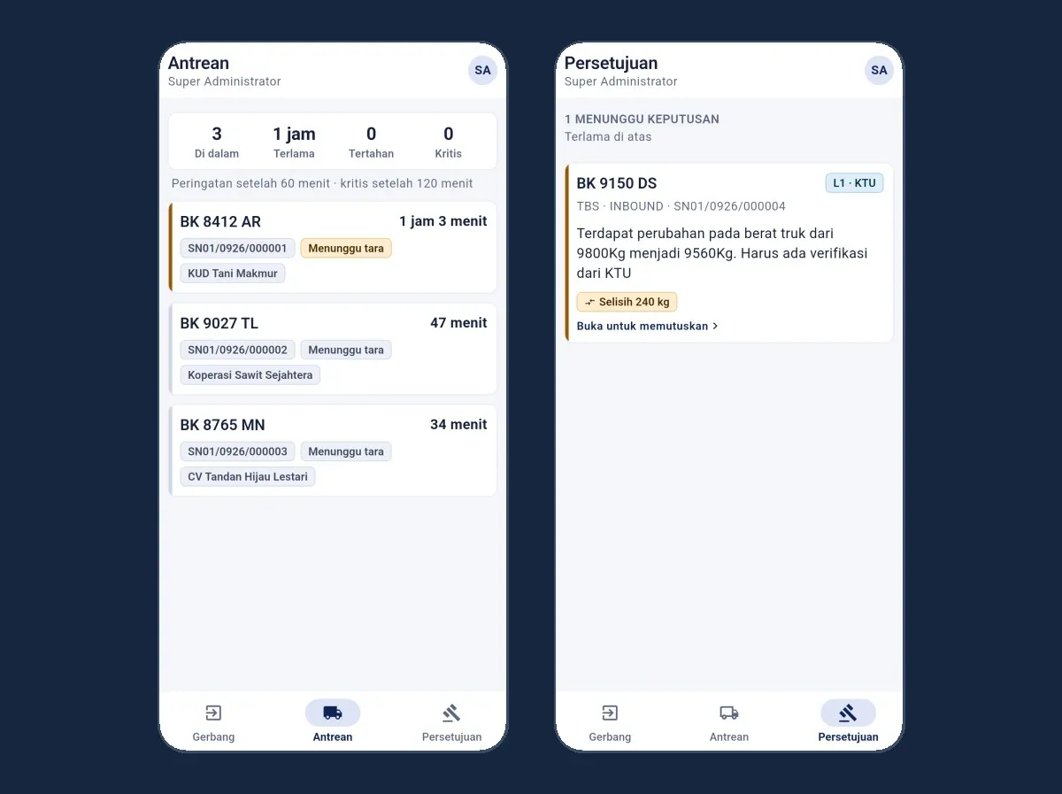 Two WeighX Field phone screens: a queue of three trucks waiting for tare with their waiting times, and an approval inbox with one tare deviation case for the head of administration (KTU)