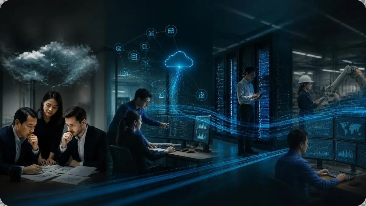 Analysts, a server room, and a production line linked by blue data lines