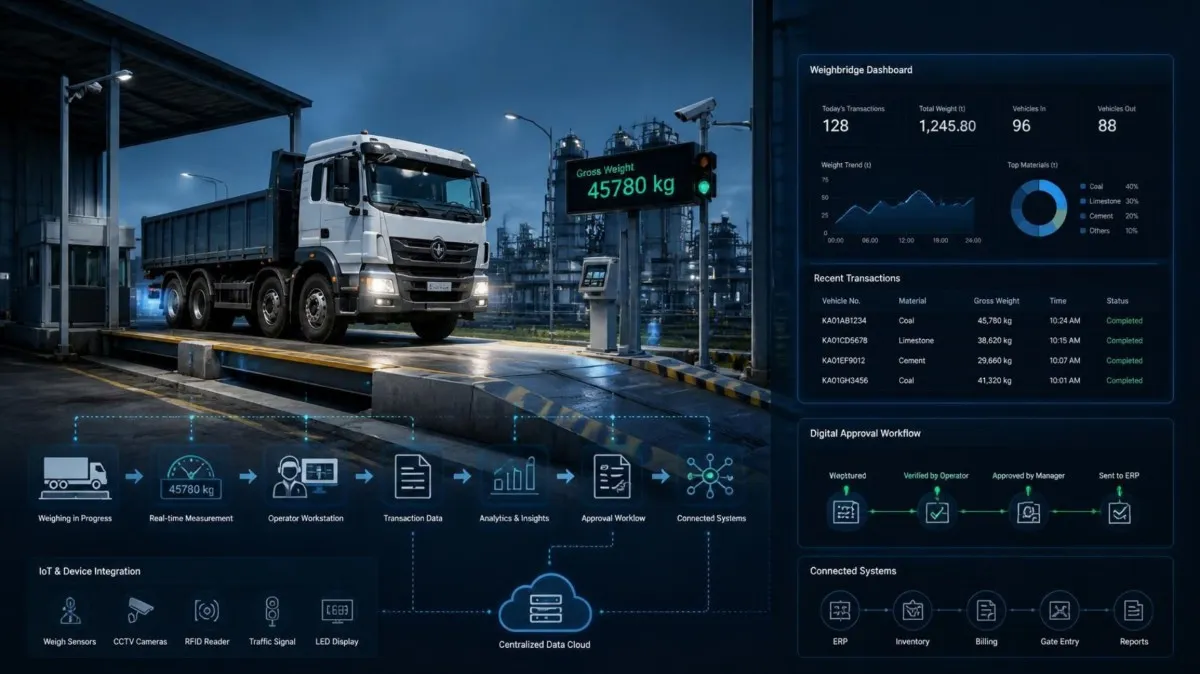 A truck on a weighbridge at night with an LED weight display, beside a weighing dashboard panel