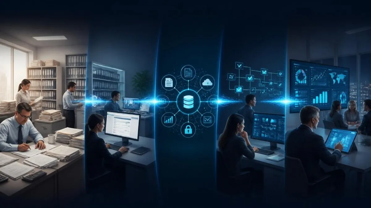 Four workspaces in sequence, from stacked paper files to connected data screens