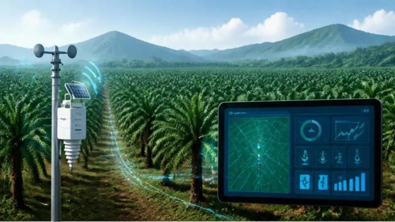 Rows of oil palms with a weather sensor mast and a data screen at the edge of the estate