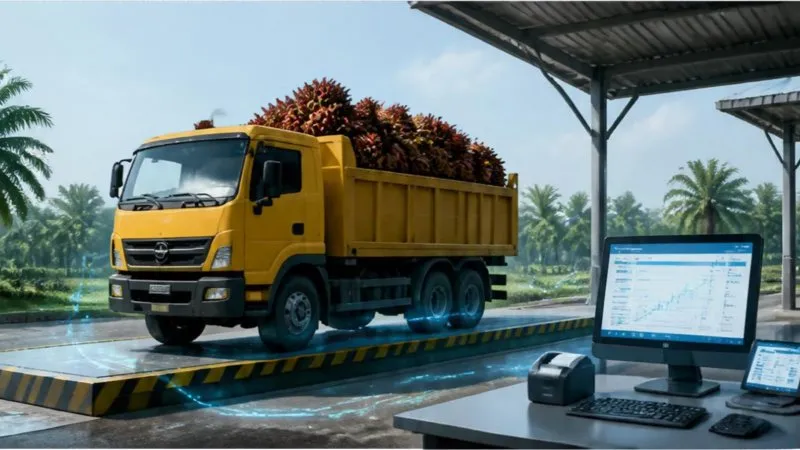 A yellow truck loaded with fresh fruit bunches on a covered weighbridge, an operator desk beside it