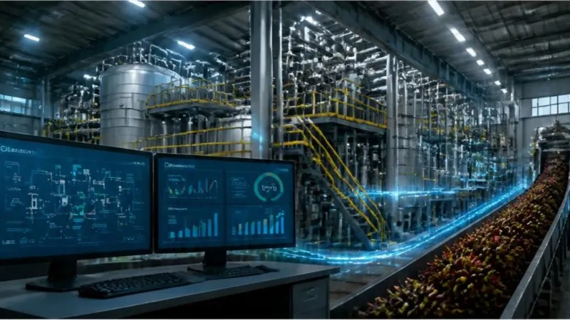 A mill interior with tanks, pipework, and a fruit-bunch conveyor, with two monitoring screens