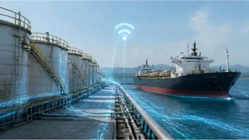 A row of storage tanks along a jetty with a cargo ship berthed alongside