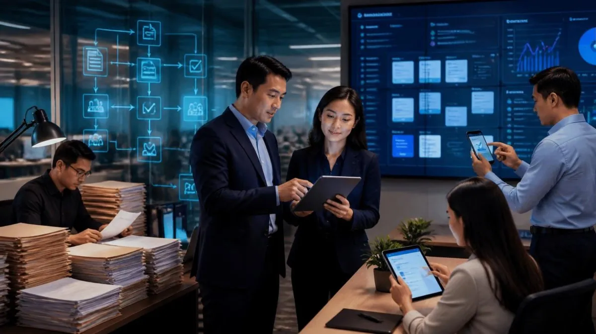 Stacks of paper files on one side of a desk and a digital approval flow diagram on the other, with two people reviewing a tablet
