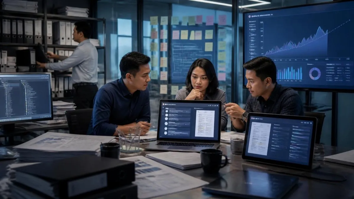Three people discussing over two screens listing document search results, with a trend chart board behind them