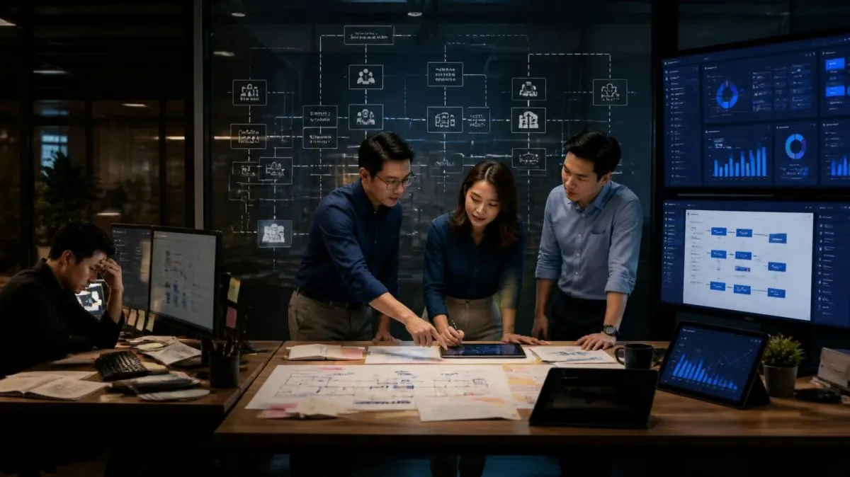 Three people mapping a platform flow over printed worksheets, in front of a diagram wall and dashboard screens