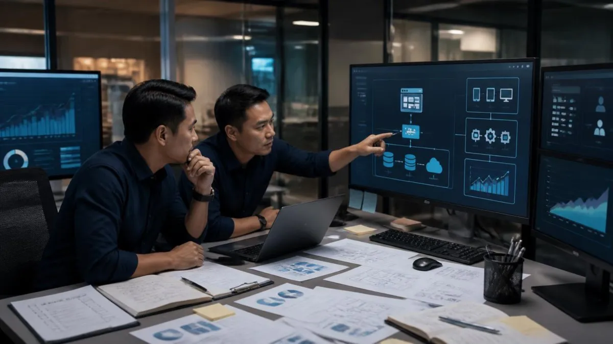 Two people weighing architecture choices in front of a screen showing component, database, and cloud diagrams