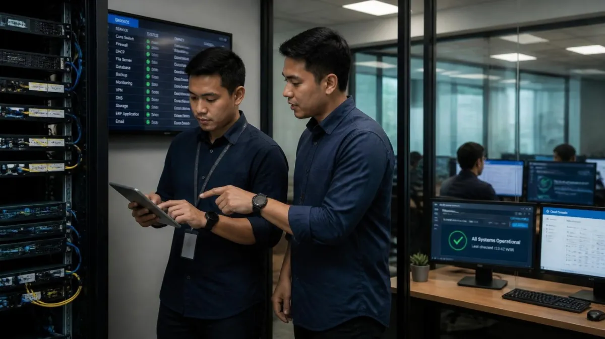 An IT staff member and an engineer check a labelled server rack with a tablet, a monitoring screen in the office beyond
