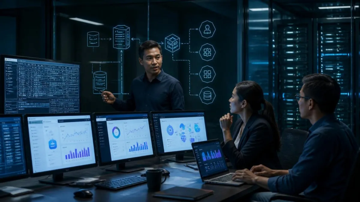 An architect explains an architecture diagram on a glass wall, in front of desks showing code and dashboards