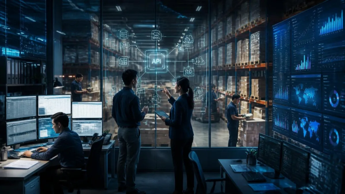 Two people in a warehouse control room point at an API diagram linking system icons above the storage racks