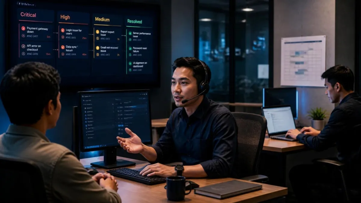 A support engineer with a headset explains to a client in front of a ticket board grouped by priority