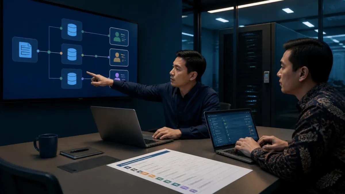 A consultant points at a data map on screen while a data officer takes notes on a laptop, a printed action list on the table