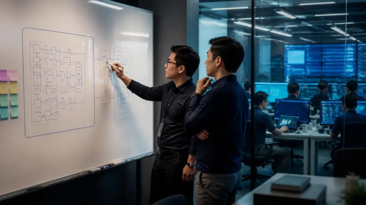 Two engineers mark the next module boundary on a system diagram on a whiteboard, the operations floor still working behind the glass