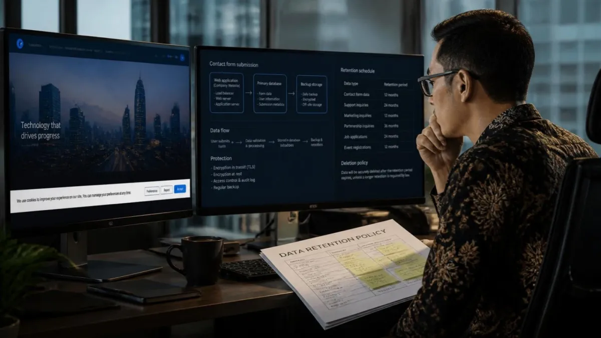A compliance officer reviews the company website and a data retention schedule on two screens, a printed retention policy on the desk
