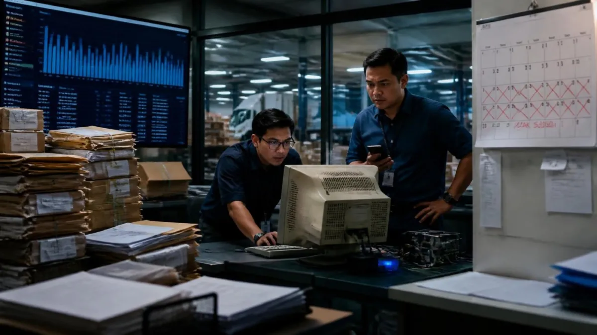 An IT staff member fixes an old computer running an internal application amid stacks of orders while a supervisor waits with a phone