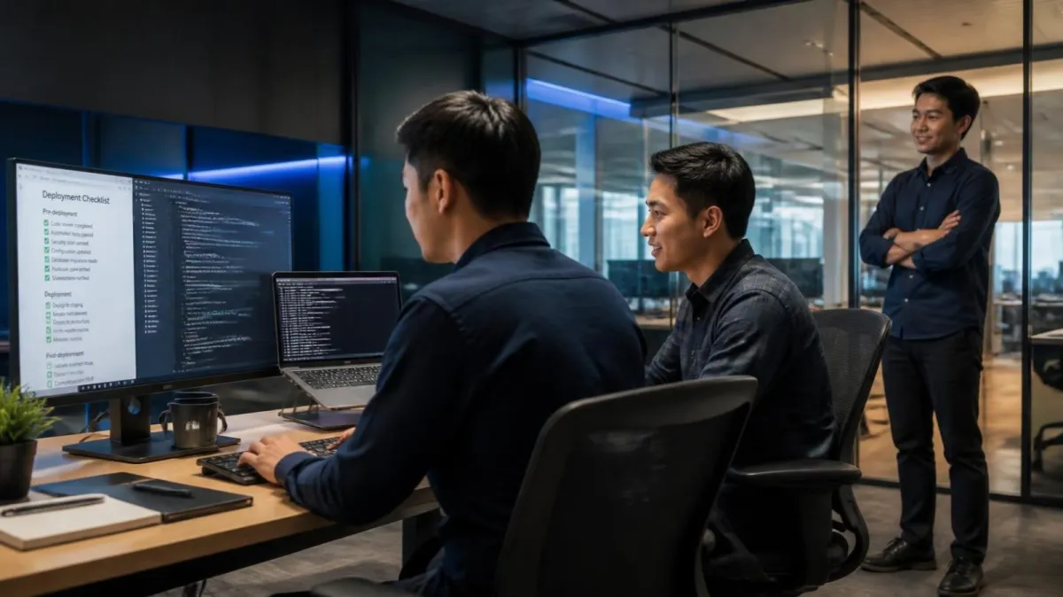 Two developers from the client team deploy a change themselves with a checklist on screen while the partner engineer stands back