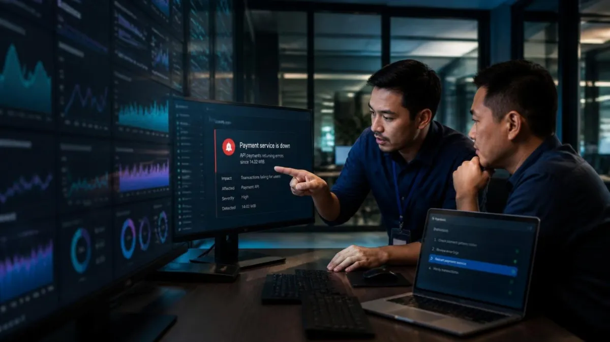 An engineer points to one clear alert panel for an operations manager, a dimmed wall of charts beside them