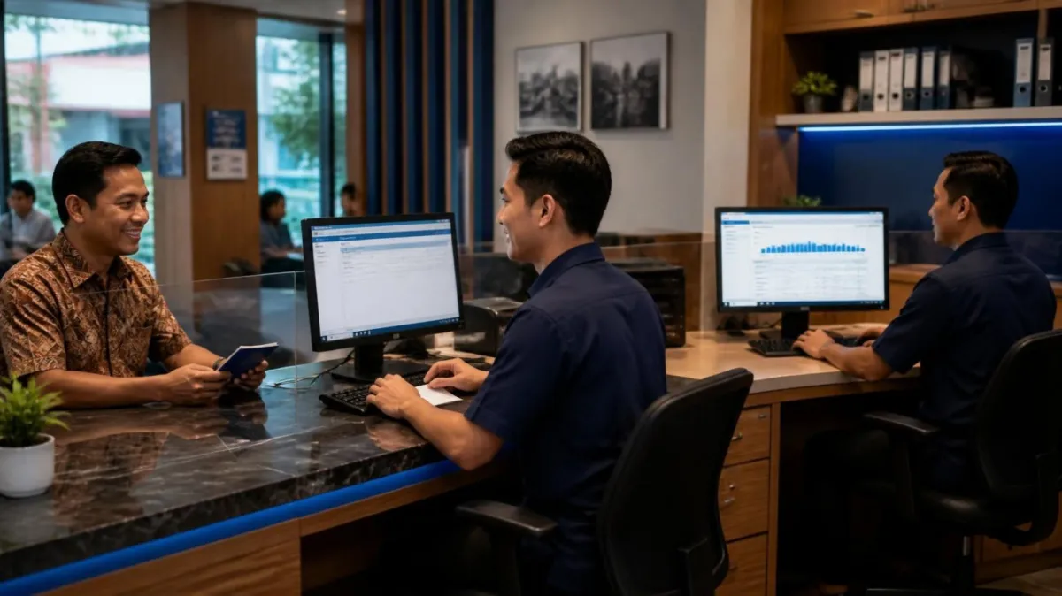 A cooperative officer serves a member holding a savings passbook at the counter while the branch manager reviews a report behind