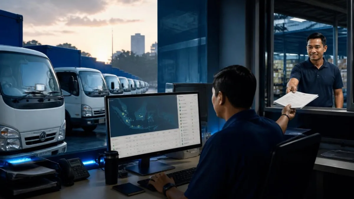 A depot dispatcher follows delivery truck positions on a map while a driver collects a delivery list at the window