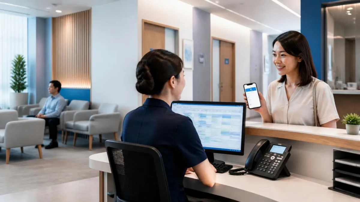 A clinic receptionist checks the day's booked schedule on screen while a patient shows a confirmation on her phone, the waiting area calm