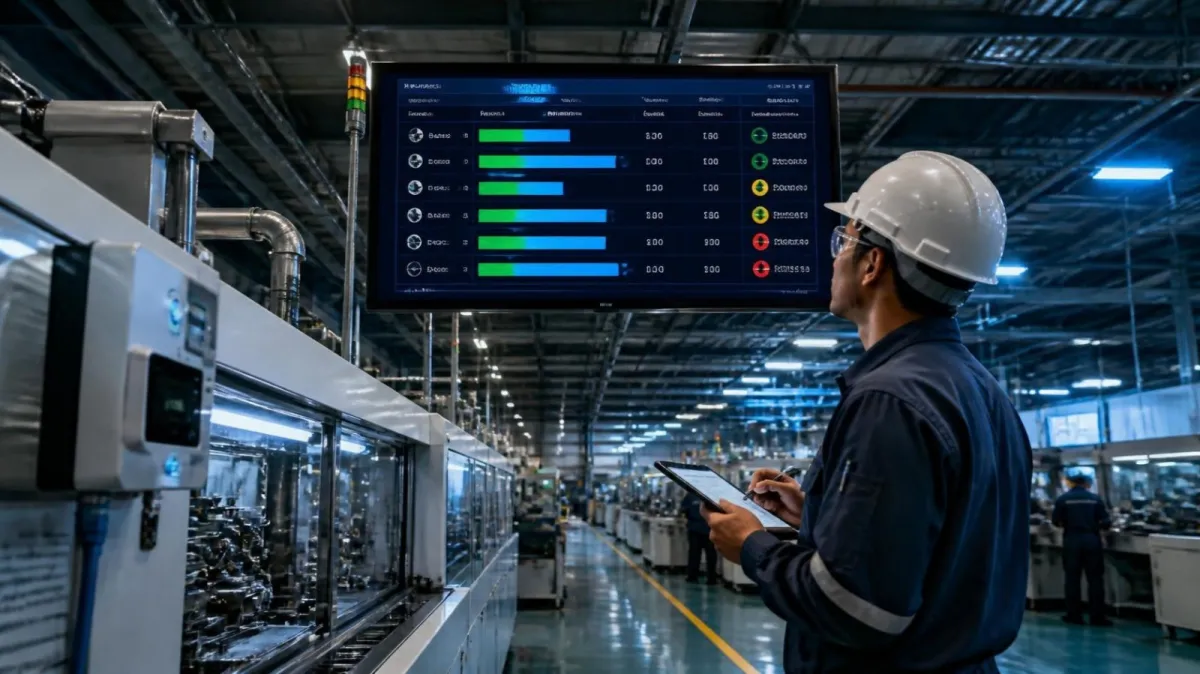 A line supervisor in a hard hat notes on a tablet while reading a production board of targets and output above a running line