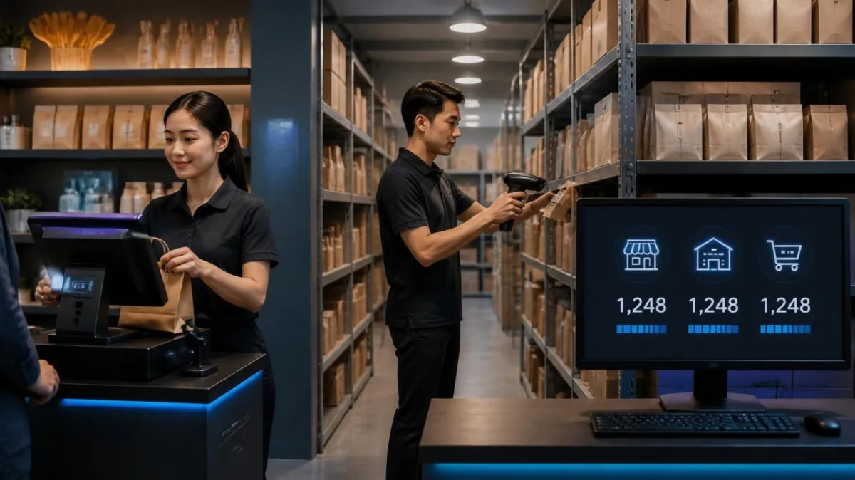A cashier completes a sale and a staff member scans stock in the stockroom while one screen shows the same stock figure for store, warehouse, and online shop
