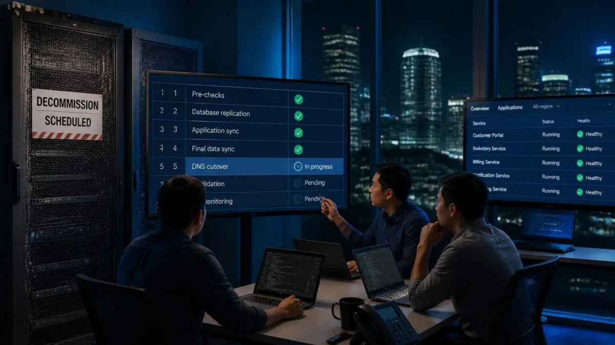 A small team follows a migration checklist on a large screen beside an old server rack labelled for decommissioning and a cloud console showing every service healthy