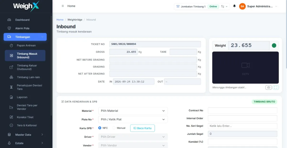 WeighX inbound weighing screen: ticket number, gross weight from the indicator, the live weight panel, and the vehicle data form