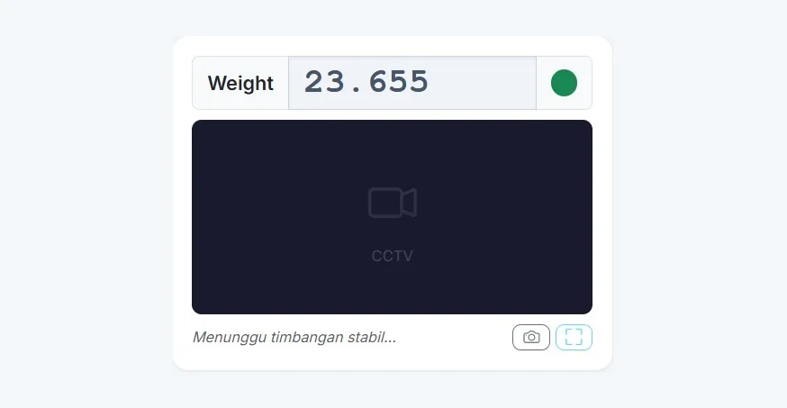 WeighX live weight panel: the scale indicator reading, a status light, and the camera area
