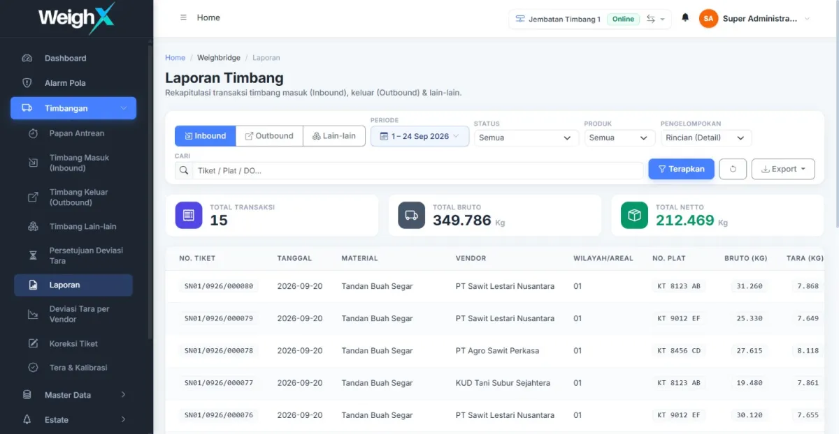 WeighX weighing report: a list of inbound tickets with date, material, vendor, plate, and weight