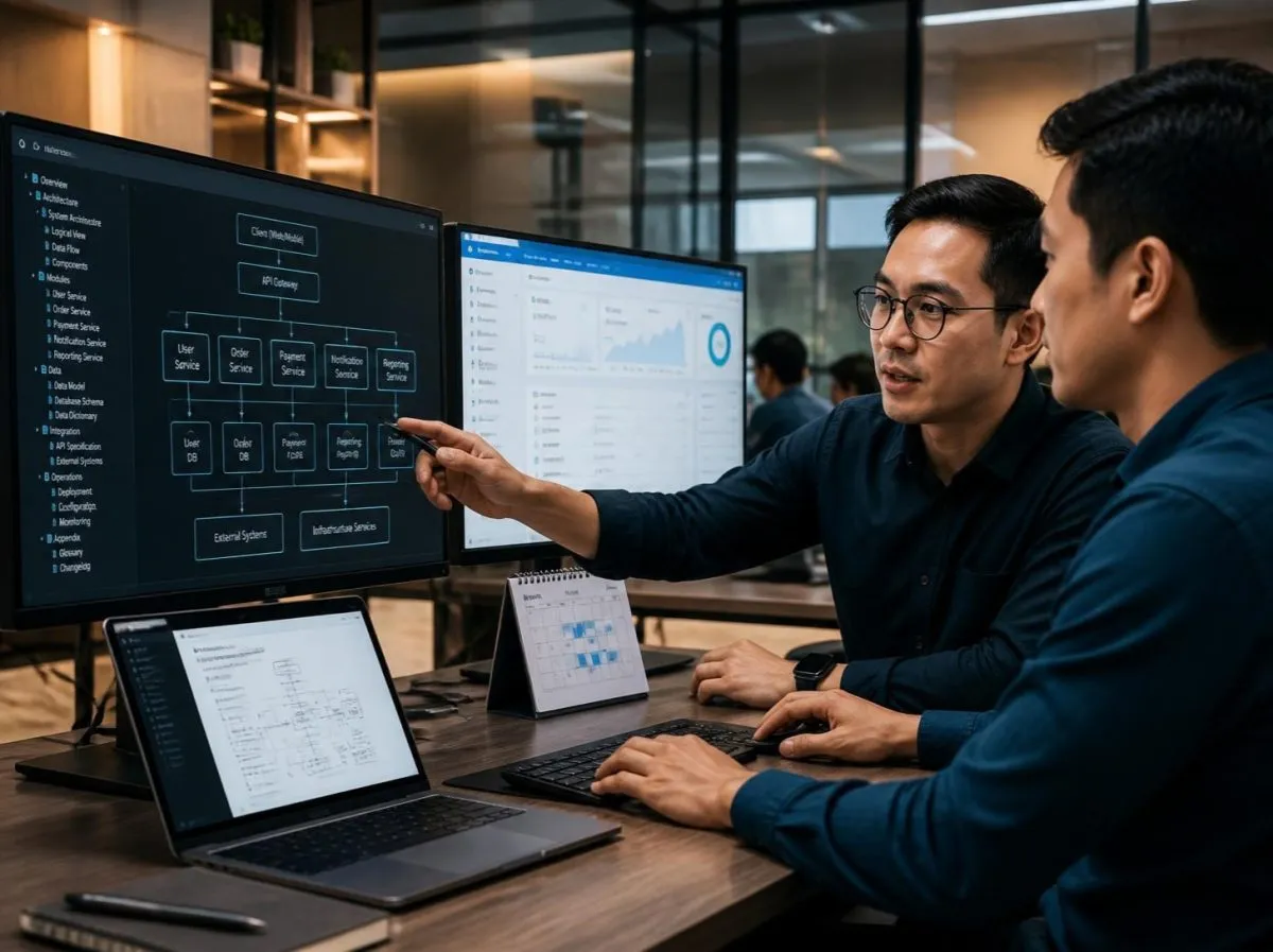 Pengembang klien memegang keyboard sementara mitra menunjuk diagram arsitektur sistem di monitor, dengan kalender pemeliharaan di meja