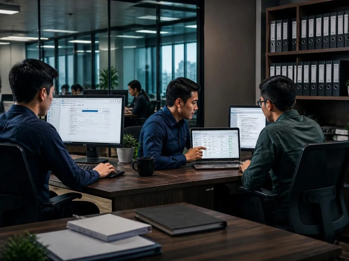 Office staff use an internal web application for daily work while a partner developer shows automated test results to the client IT staff