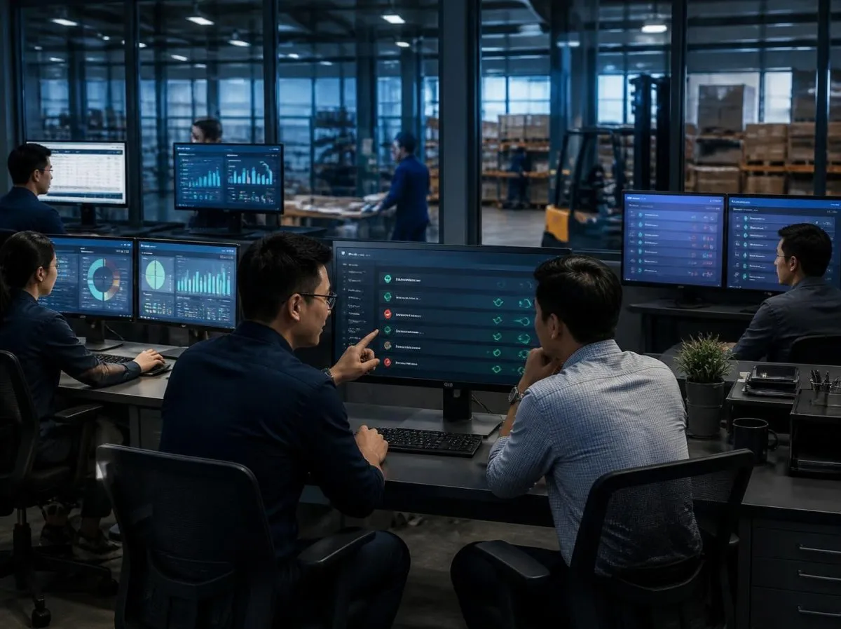 An integration engineer and the client IT lead review a message queue at an operations desk, other systems on screens around them