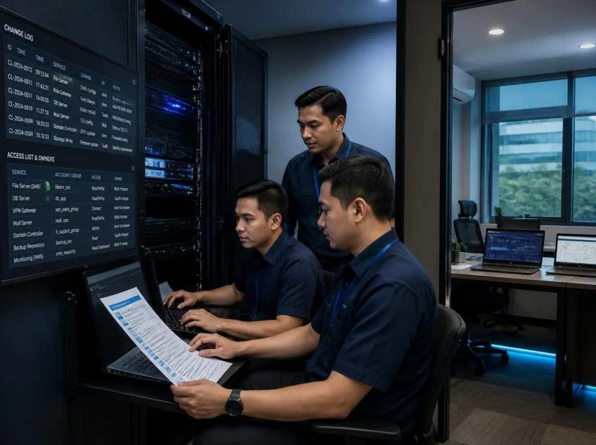 Dua staf TI klien menjalankan pemeliharaan server rutin dengan panduan tercetak, didampingi insinyur mitra, dengan catatan perubahan dan daftar akses di layar dinding
